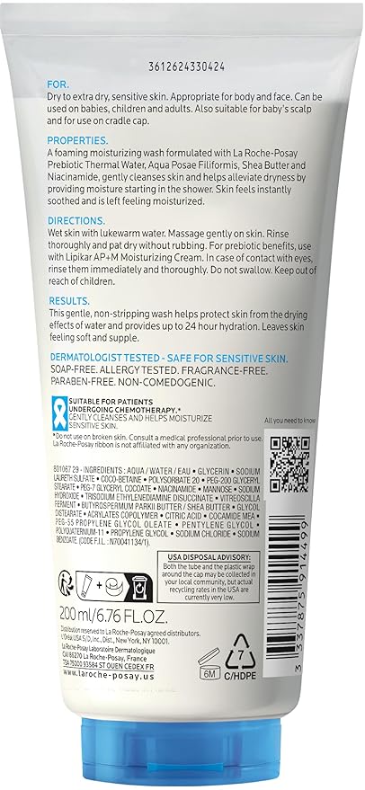 La Roche-Posay Lipikar AP+ Gentle Foaming Moisturizing Wash, Shea Butter + Niacinamide + Glycerin, Moisturizing Body Wash & Face Wash For Dry Skin, National Eczema Association Accepted, Soap Free