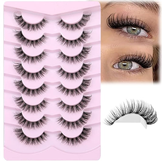 JIMIRE Demi Wispies False Eyelashes Natural Look Invisible Lash Band Cat Eye Lashes 15MM Mink Lashes Fluffy Russian D Curl Strip Lashes Look Like Lash Extensions Pestañas 8 Pairs Pack