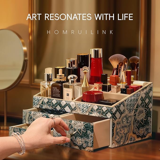 Glass Makeup Organizer for Vanity - Vanity Case with Drawers & Velvet Lining, Countertop Organizer for Lipstick, Brushes, Skincare, Perfume - Christmas Gifts for Women