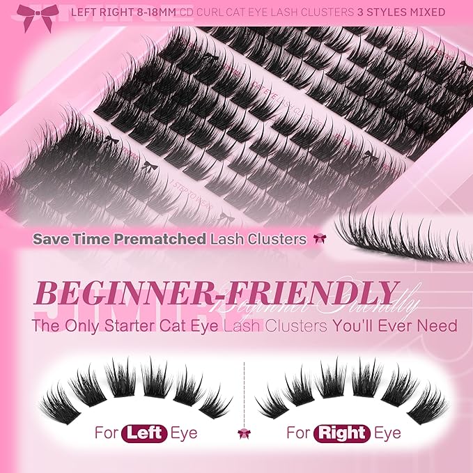 JIMIRE Wispy Lash Clusters with Spikes Cat Eye Cluster Eyelash Extensions 8-18MM C Curly Fuffy Eyelash Clusters 3 Styles Mixed Natural Spiky Cluster Lashes Easy to Apply DIY Lash Extension at Home