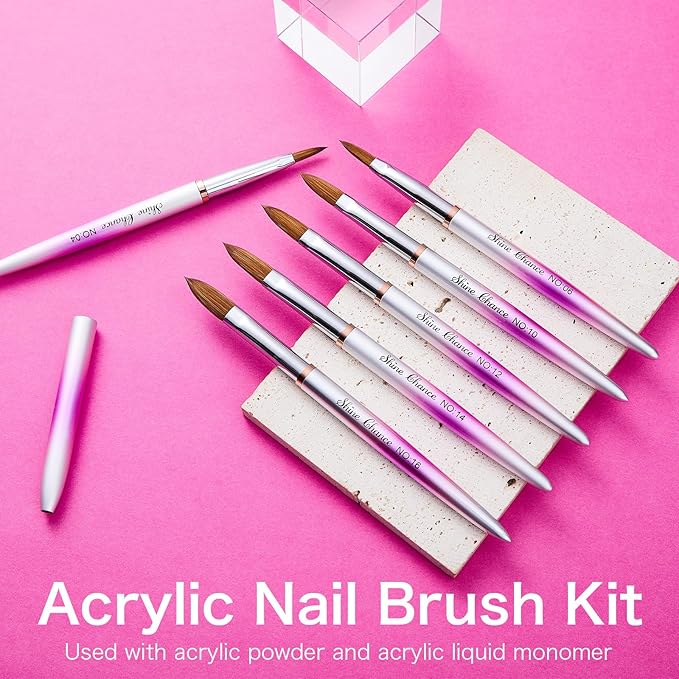 Shine Chance 6 Pcs Acrylic Nail Brushes Set, Kolinsky Nail Art Brushes, Art Design & Polish Mistake Cleaning Manicure Tools for Women - Acrylic Application (Size 4, 6, 10, 12, 14, 16)