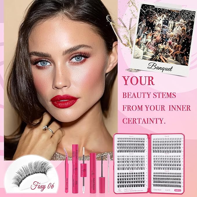 Nova Lash Clusters Kit 360 PCS Lash Clusters Natural Look Invisible Band Lashes Eyelash Clusters with Bond and Seal D Curl WideSpan Cluster Eyelash Extension Kit 8-16mm DIY at Home