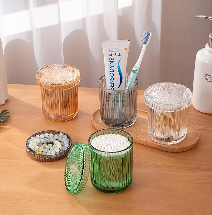 ESEHGS 2 Pack Glass Qtip Holder Dispenser Set - Bathroom Organizer for Cotton Swabs, Balls, Pads, Floss Picks - Clear Apothecary Jars for Vanity, Makeup Storage, Bathroom Accessories Decor (Green)