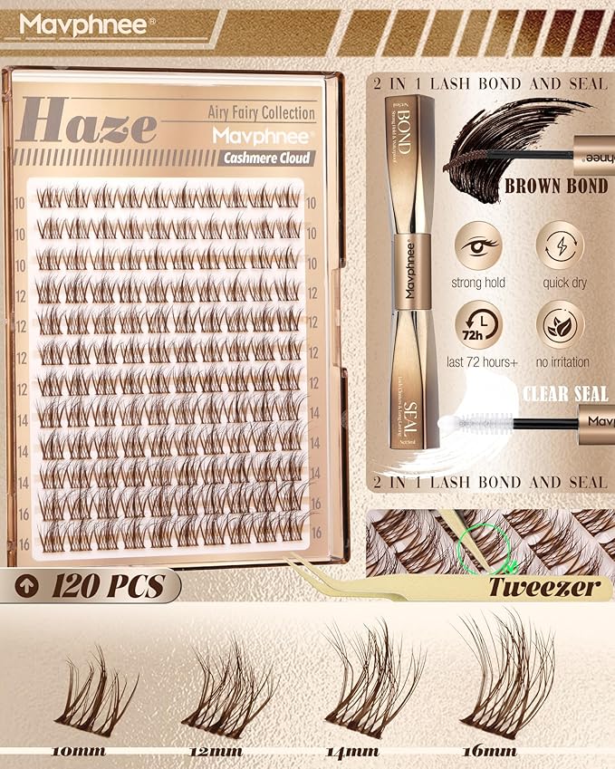 Brown Lash Clusters Kit Natural Cluster Eyelash Extensions Kit Gently Fluffy Inidvidual Lashes CC Curve Dark Brown Cluster Lashes Fairy Wispy Eyelash Clusters with Lash Bond and Seal (10-16MM)