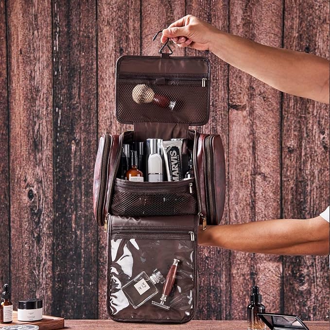 Toiletry Bag For Men, Genuine Leather Toiletries Organizer, Large Travel Hanging Toiletry Bag Water-resistant Bathroom Shaving Kit for Cosmetics, Makeup Case Travel Dopp Kit