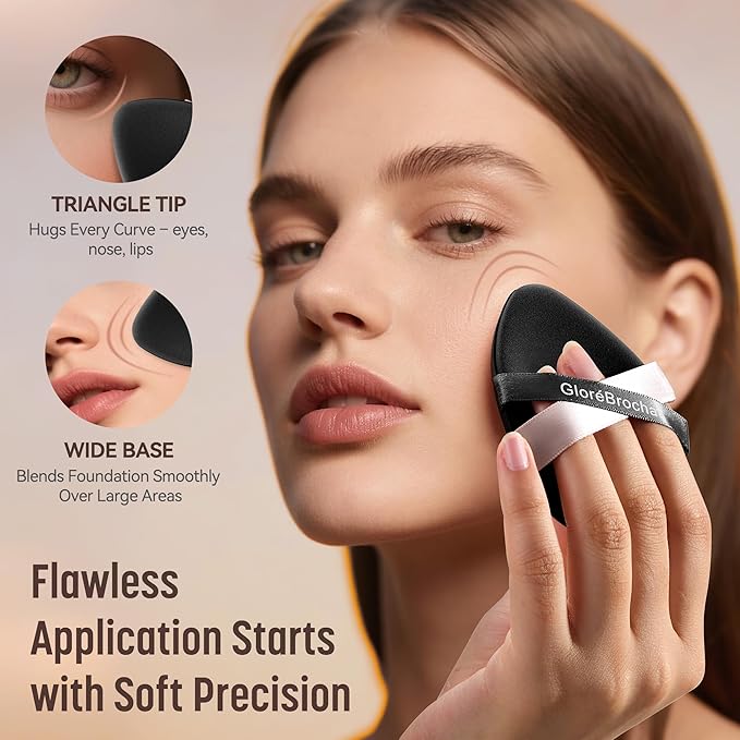 Makeup Sponge Set, GloréBrochas 2PCS Micro Porous Low Absorption Foundation Sponges, Latex-Free PU Makeup Puff, 3.2inches Soft Dual-Sided Powder Puff for Face Powder, Black