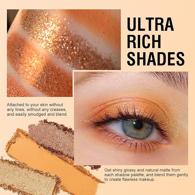 KYDA 12 Colors Orange Brown Eyeshadow Palette, Ultra-rich Glitter Golden Brown Eyeshadow, Matte Warm Orange Neutral Nude Eye Shadow Palette, Soft Blendable Powder, Daily Neutral Eyes Shadow