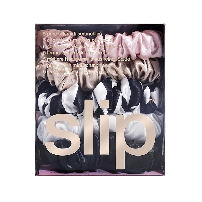 slip Midi Scrunchie Original Mix | Set of 5 Pure Silk Scrunchies in Pink, Caramel, Navy Stripe, White, & Black | 100% Mulberry Silk, Anti-Crease, Gentle on Hair, Reduces Breakage | Stylish & Durable