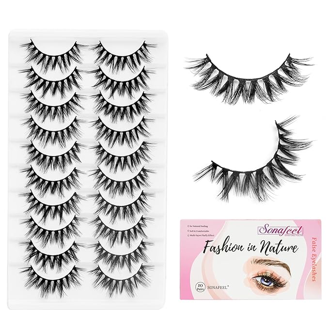 SONAFEEL False Eyelashes Wispy Full Natural Faux Mink Lashes 14mm 10Pairs Spiky Strip Lashes Pack Reusable Slightly Dramatic Fake Lashes