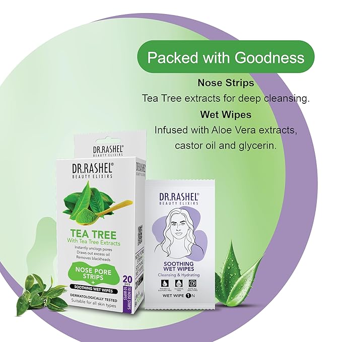 DR.RASHEL Tea Tree Nose Pore Strips For Pore Cleansing, Instant And Painless Blackheads Removal | Deep Purifying Blackhead Remover Strips for Nose | 20 PCS (10 Strips & 10 Wipes)