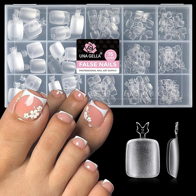 UNA GELLA Toe Nail Tips 312 Pcs Square Round Full Cover Fake Toe Nails Press On Clear 15 Sizes Pre-shape Soft Gel Toe Nail Tips Double Matte Acrylic Toenails for Nail Extensions DIY Home Nail Salon