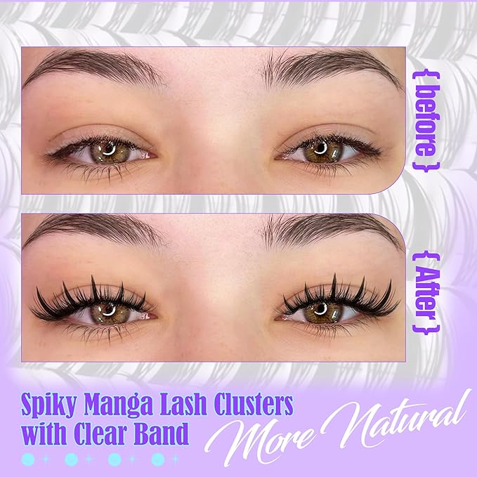 Manga Lash Clusters Natural Spiky Lash Extension Invisible Band Spikes Anime Eyelash Clusters 10-16mm DIY Wispy Individuals Lashes 132Pcs Fairy Eyelash Extension Clear Band