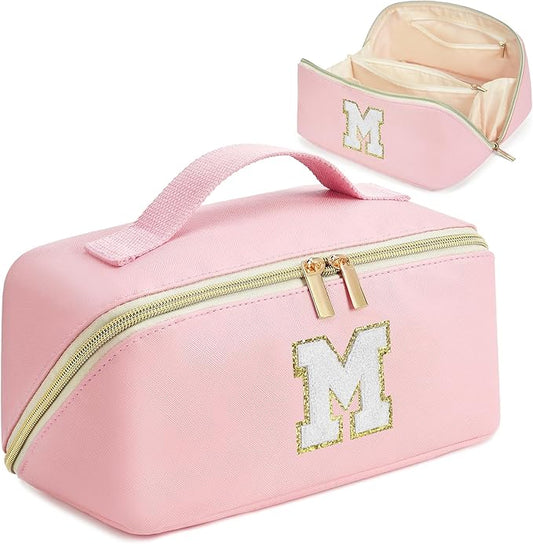 for Valentines Day Gifts, Makeup Bag for Women, PU Leather Travel Toiletry Bags, Initial Make Up Cosmetic Pouch for Teen Girls, Wide Open Portable Skincare Bag, Personalized Birthday Gifts, Pink M