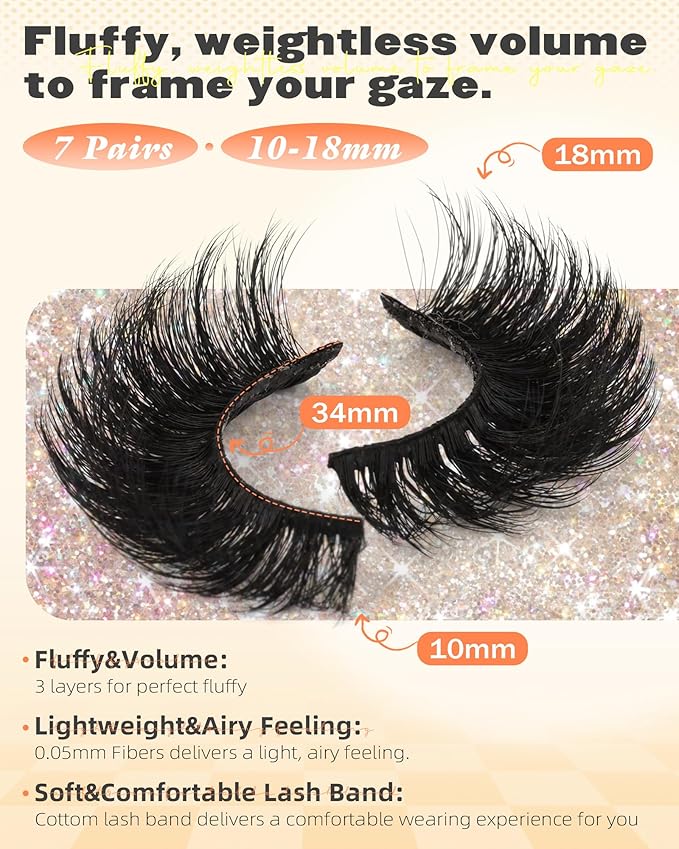 False Eyelashes Full Mink Lashes Long Eyelashes 200D Wispy Thick Russian Strip Lashes Cat Eye Volume Lash Strips D Curvature Dramatic 7 Pairs Fake Lash Extensions by Boahankuke