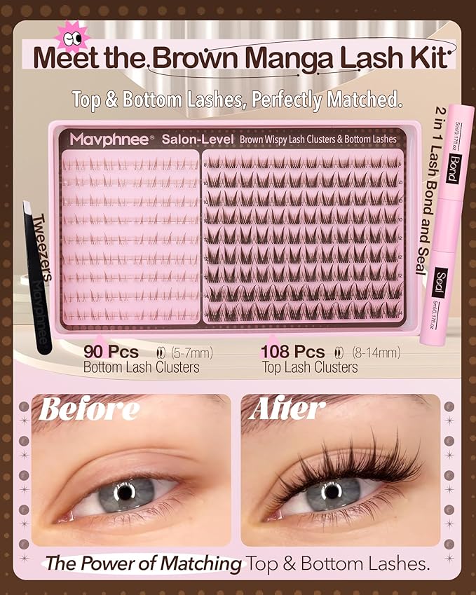 Brown Wispy Lash Clusters Kit with Bottom Lashes Manga Cluster Eyelash Extensions Kit Natural Anime Eyelash Clusters Spiky Fairy Individuals Lash Bond and Seal Clear (5-14MM, CC Curve)