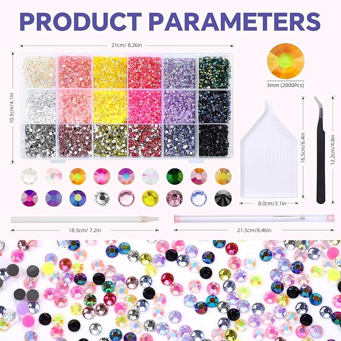 36000Pcs 3mm Trendy Color Resin Rhinestones Kit- Resin Mixed Color Rhinestones for Nail Clothes Shoes Tumblers Decoration Flat Back Round