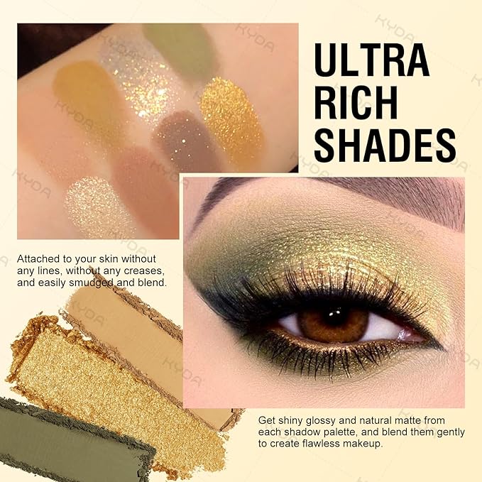 KYDA 12 Colors Olive Green Eyeshadow Palette, Sparkling Reflective Green Bronzer Eyeshadow, Matte Olive Ginger Nude Eyes Shadow, Smooth Blendable Powder, Smokey Eyes Makeup