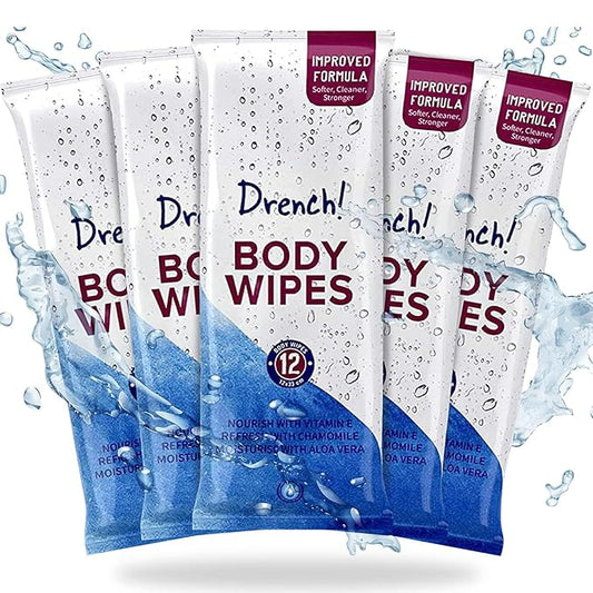 Drench Luxury Rinse Free No Alcohol Shower Wipes for Elderly Bedridden & Adults - Hassle-free No Water Disposable Bathing & Cleansing Body Wipes - Microwavable (60 Pack)