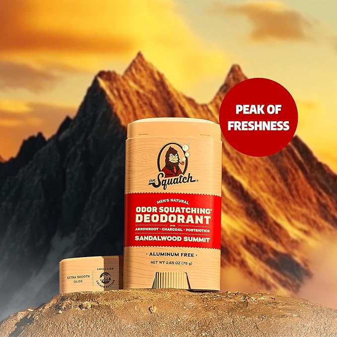 Dr. Squatch Natural Men’s Deodorant – Aluminum Free Natural Deodorant Men with Charcoal & Postbiotics for 72-Hour Odor Protection – Sandalwood Summit, 2.65oz Stick (3-Pack)