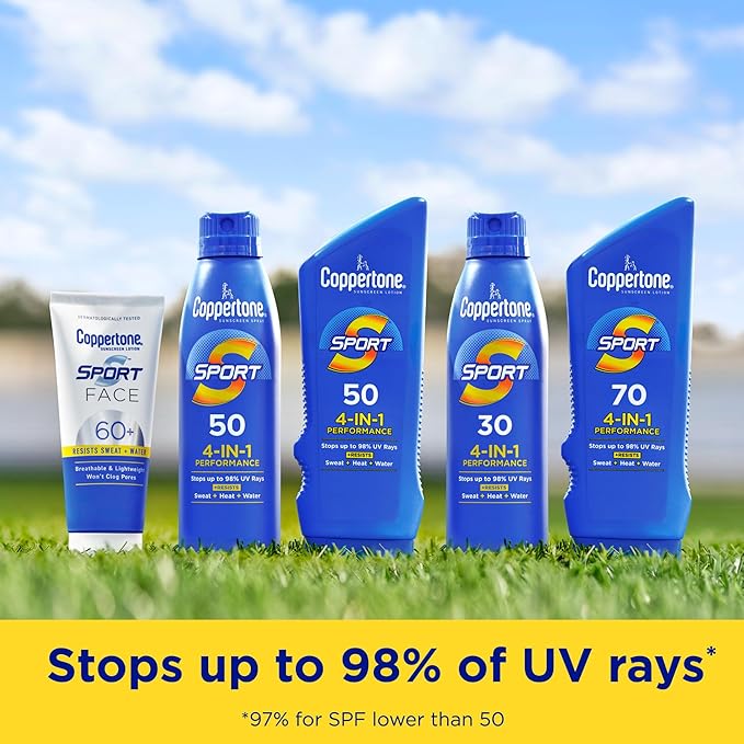 Coppertone Sport Sunscreen Spray SPF 50, Sweat, Heat and Water Resistant Sunblock, Lightweight, Oxybenzone Free, Spray Sunscreen Bulk Pack, 5.5 Oz Bottle, Pack of 3 (Packaging May Vary)