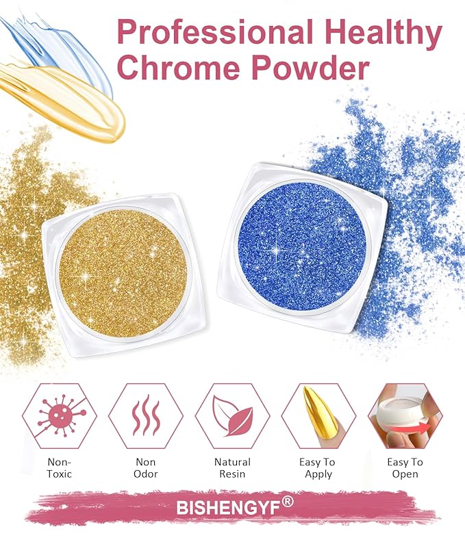BISHENGYF Gold Chrome Nail Powder - Sparkly Laser Holographic Nail Powder Metallic Mirror Effect Ice Blue Nail Chrome POwder, White Pearl Pigment Holo Iridescent Glitter Dust Kit, Nail Art Decoration