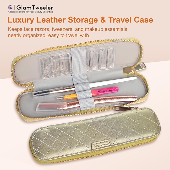 Women's Dermaplane Face & Eyebrow Razor Kit with GlamTweeler Slant Tweezers, Spoolie Brush, and Luxury Leather Storage & Travel Case + 10 Refill Blades (Rose Gold)