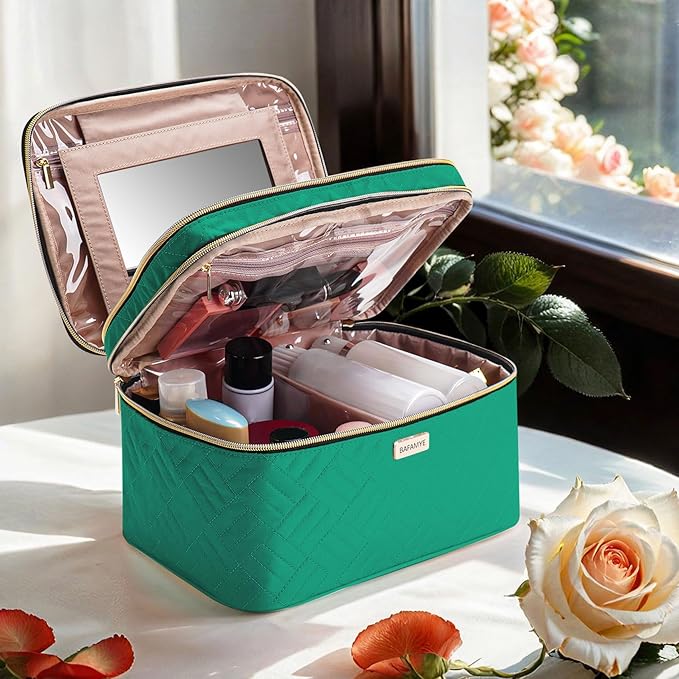 BAFAMYE 8.8L Double Layer Travel Makeup Bag With Mirror For Women, Large Cosmetic Case, Organizer for Travel-Size Accessories Bottles, Brushes,and Skin Care Products, 2.33 GAL, Green…