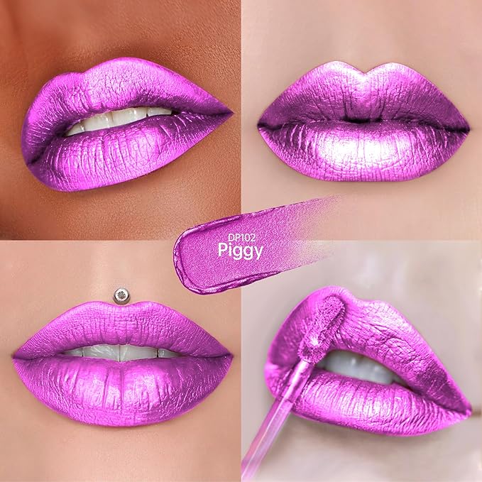 Depuplum Purple Lipsticks for Women Metallic Lipstick Long Lasting Lip Gloss Metal Shine Lightweight Hydrating Full Coverage Lip Color, DP102 Piggy