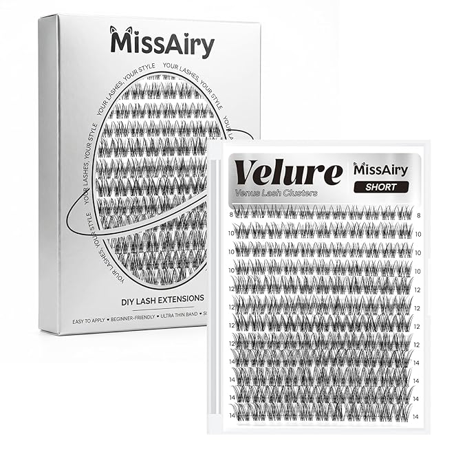 MissAiry Velure Lash Clusters Eyelash Extensions Natural Lashes Short Lash Clusters 8-14MM Eyelash Clusters Natural with Invisible Band Venus D Curly Lashes Diy at Home(Velure 8-14MM)