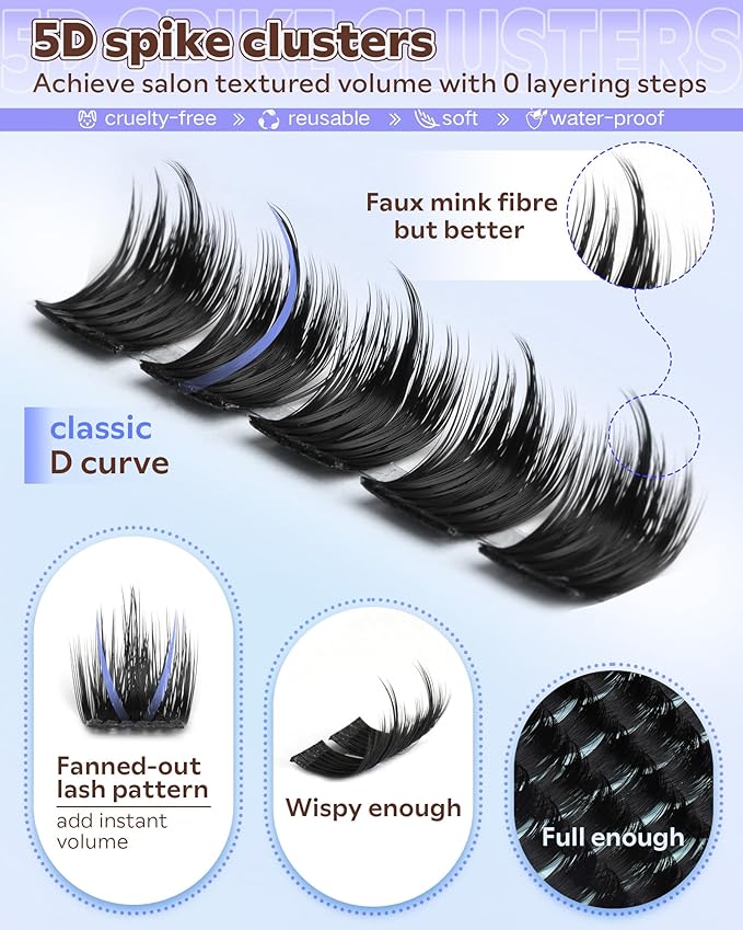 Goddvenus Salon-Like Lash Clusters Kit With Spikes DIY Eyelash Clusters D Curve Spiky Full Cluster Eyelash Extensions Kit Individual Lashes Cluster Kit (10-16mm 130Pcs)
