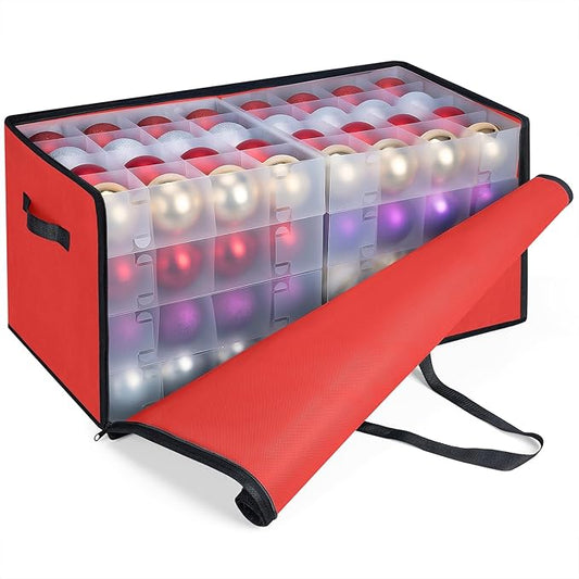 BALEINE Christmas Ornament Storage Box with Dividers, Premium Holiday Ornaments Storage Container Bin for Xmas Decorations (128 Ball, Red, Soft)