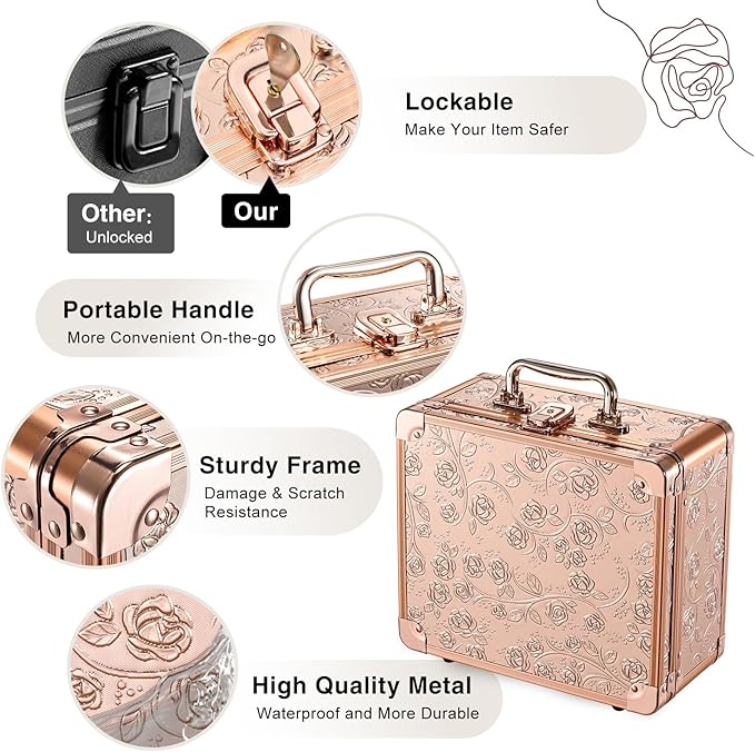 Makeup Case with Magnetic Lighted Mirror Cosmetic Train Box Detachable LED Mirror Adjustable Brightness in 3 Colors Waterproof Storage Organizer Artist Suitcase with Dividers Brush Holder, Rose Gold