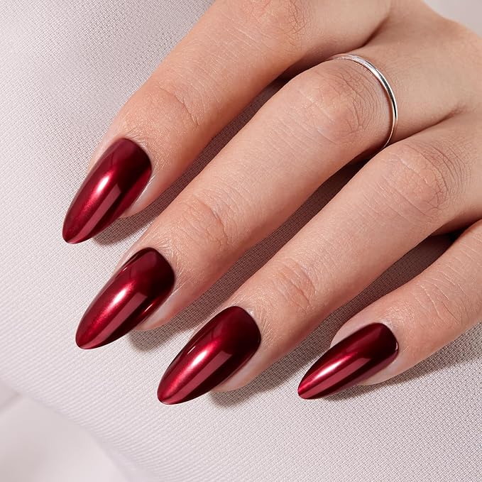 VSALON Press On Nails Almond, 32 Pcs 16 Sizes Red Press On Burgundy Chrome Metallic Medium Fake Nails With Glue & Cuticle Oil, Reusable Stick On Nails False Nails Kit Valentines Gift For Women