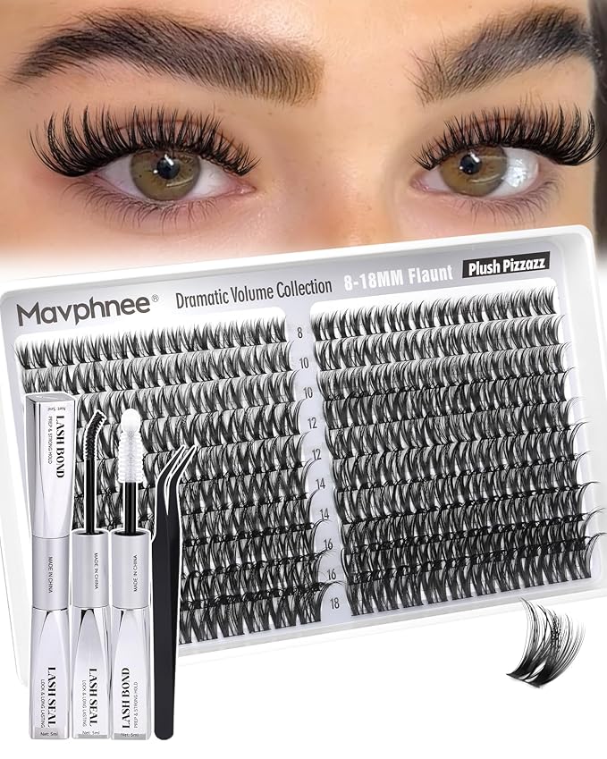 Flaunt Lash Clusters Kit Wispy Cluster Eyelash Extensions 8-18MM Volume Individual Lashes CD Curve Wet Look Eyelash Clusters with Lash Bond and Seal Kit by Mavphnee