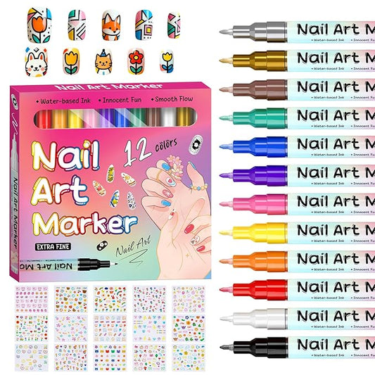 NuSoulra 12 Colors Nail Art Pens Set, Nail Art Markers with 15pcs Nail stickers, 0.5mm Acrylic Painted Pen for Gel Nails,Dotting Painting Pen Quick-drying for DIY Manicure Tools (0.5mm 12color)