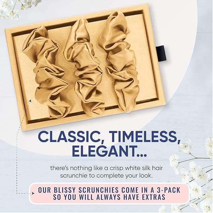 Blissy Silk Scrunchies (3 Pack) - 100% Pure Mulberry Silk - 22 Momme 6A High-Grade Fibers Scrunchie for Straight & Curly Hair - Preventing Breakage, Tangling, & Creasing (Gold Regular)