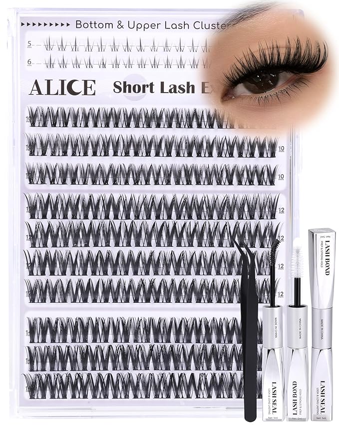 Flaunt Lash Clusters Kit Natural Wispy Lash Extension Kit Short 10mm-12mm-14mm Cluster Eyelash Extension Kit Individual Lashes Kit with Bottom Lashes Bond and Seal by ALICE
