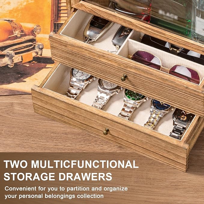 Emfogo Cologne Organizer, 4 Tier Vertical Wood Perfume Stand for Men, Large Capacity Dustproof Perfumes Organizer Cologne Stand with Double Drawer Storage, Gift for Loved ones (Brown)