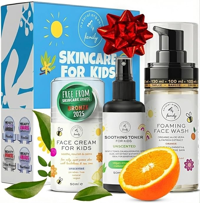 Skincare Set for Kids - Gentle Facial Wash, Unscented Soothing Toner and Cream - Natural Skin Care for Boys and Girls with Aloe Vera and Vitamin C - Vegan, Paraben-Free - Award-Winning - Ages 6-12