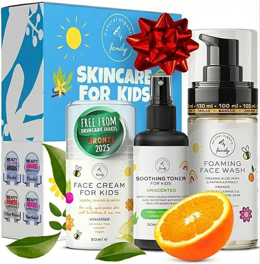 Skincare Set for Kids - Gentle Facial Wash, Unscented Soothing Toner and Cream - Natural Skin Care for Boys and Girls with Aloe Vera and Vitamin C - Vegan, Paraben-Free - Award-Winning - Ages 6-12