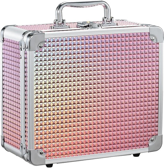 Makeup Case with Magnetic Lighted Mirror Makeup Organizer Box Travel Cosmetic Case with 3 Colors LED Mirror Portable Vanity Make up Suitcase with Lockable Keys Dividers Brush Holder Shiny Pink