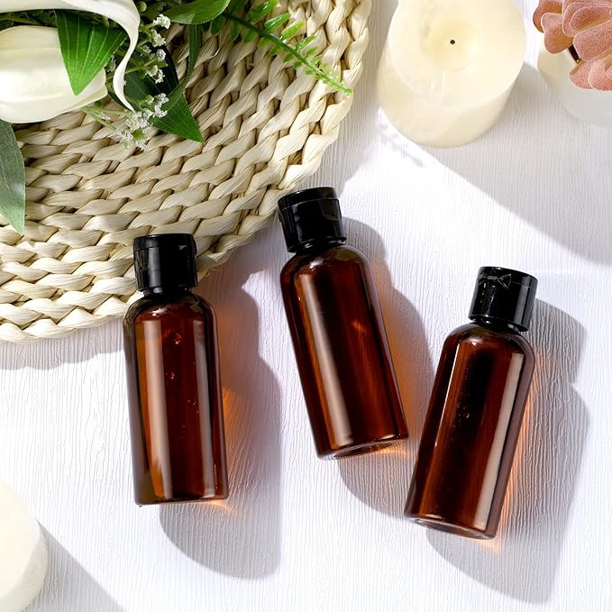 Eccliy 100 Pack 2 oz Plastic Bottles Travel Lotion Bottle Squeeze Container Plastic Bottles with Caps Small Travel Empty Refillable Toiletry Containers for Liquid Lotion Creams with 5 Funnels(Brown)