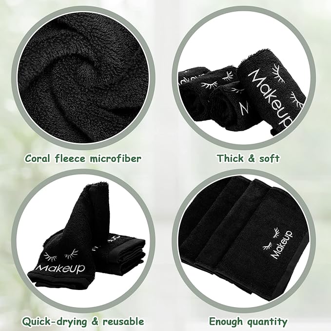 Vabean 30 Pcs Microfiber Black Makeup Washcloths for Face 13 x 13 Inches Makeup Remover Towels Reusable Absorbent Removers Face Wash Cloth with Embroidery for Women