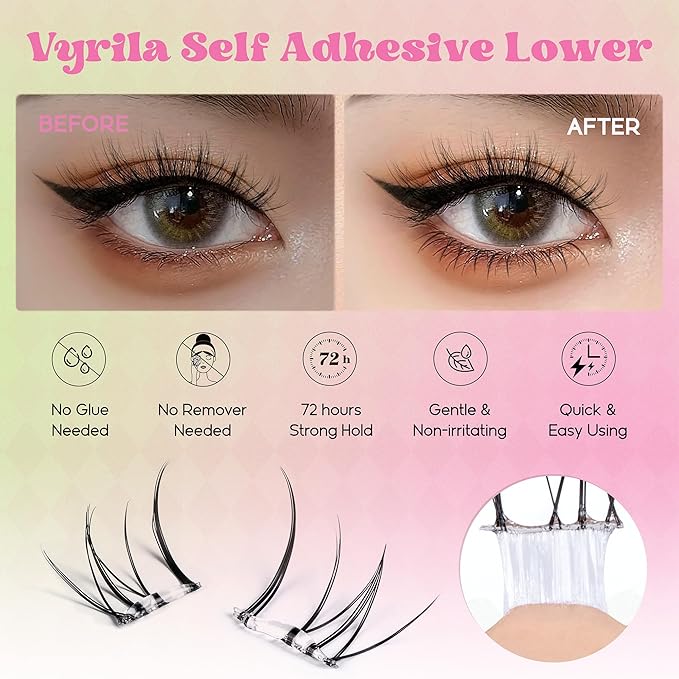 VYRILA Self Adhesive Bottom Lashes, Pre Glued No Glue Lower Lash Clusters, Ultra Thin Invisible Band, Natural Wispy Under Lash Extensions, Easy Apply for Beginners(PG-ZE94-6-7mm)