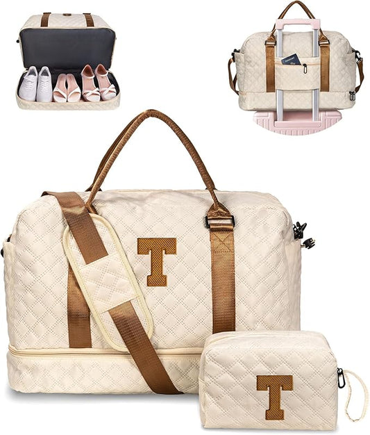 Beach Essentials 11 12 13 14 15 16 17 18 Year Old Girls Gifts-Initial Duffle Bag with Shoe Compartment, Personalized Weekender Bag, Travel Bag with Makeup Bag，Birthday Gift for Her (Letter T)