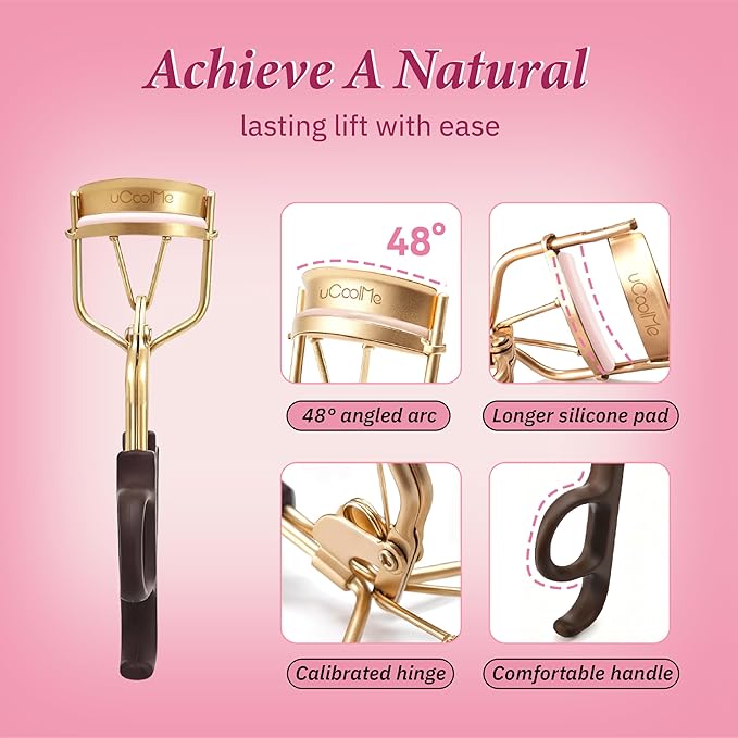 uCoolMe Eyelash Curler with 2 Refill Pads, No-Pinch Design & Comfort Grip for Natural Lash Lift, Cruelty-Free Lash Curler for All Eye Shapes, Easy to Use for Home and Travel (Gold)