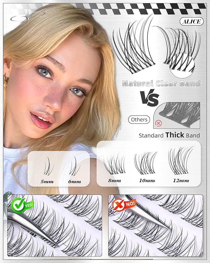 ALICE Short Lash Clusters Kit 8mm-10mm-12mm Natural Clear Band Cluster Eyelash Extension Kit Wispy Eyelash Clusters Kit with Bottom Lashes Bond and Seal DIY at Home