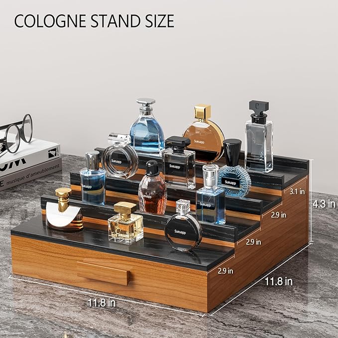 Solid Walnut Cologne Organizer for Men,4 Tier Cologne Stand Display Shelf with Hidden Storage and Drawer,Perfume Stand Organizer,Perfume Holder Great Gift for Men Father