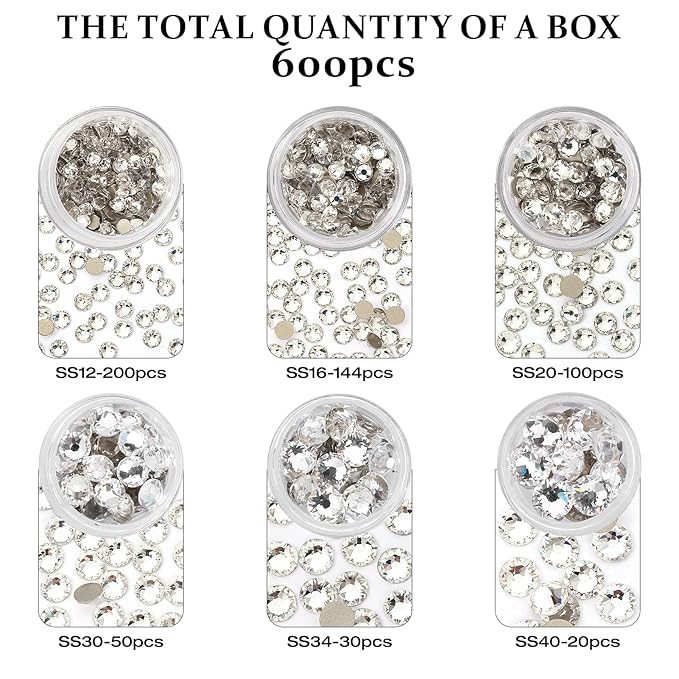 Novani Clear Rhinestones Flat Back Round Rhinestone Style 2088 Sparkly Crystal Gemstones for Crafting,Mixed Large Size(SS12-SS40，600PCS)