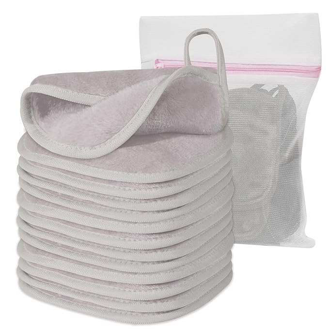 Natwag Makeup Remover Cloth, 6" x 6" Make Up Towels Reusable Face Cloth for Washing Face, 12 Pack Makeup Remover Pads Microfiber Face Washcloth with Mesh Bag, Light Grey